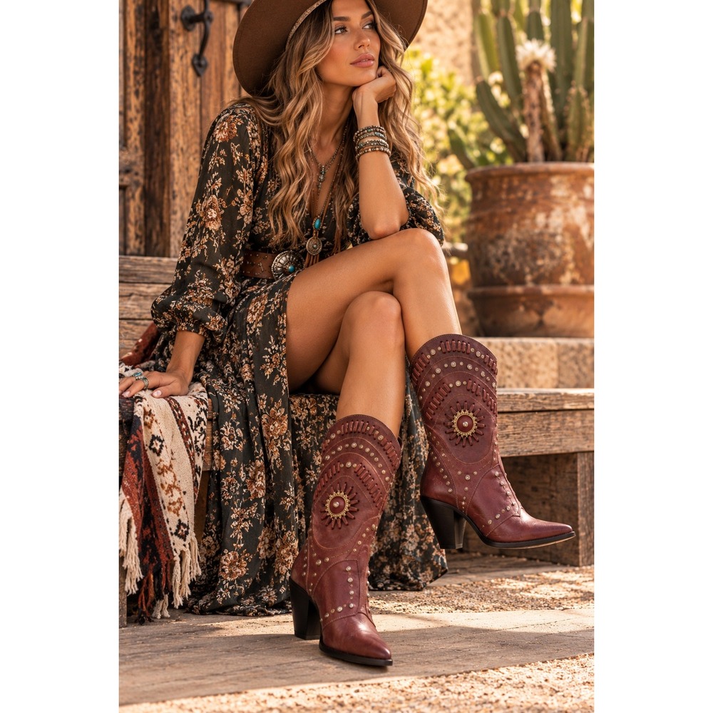 El Vaquero Studded Crystal Boots 37 US 7 Boho Western Festival Leather NIB
